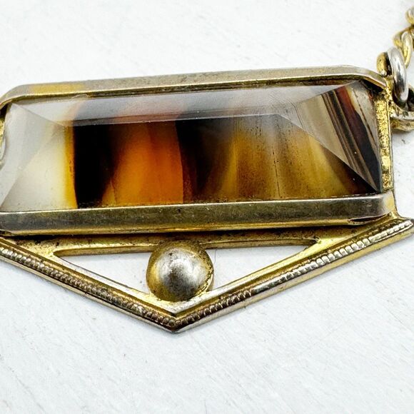 Montana Moss Agate Chain Tie Clip Tie Keeper Nu-Lok Vintage MCM Gold Tone - Picture 4 of 8